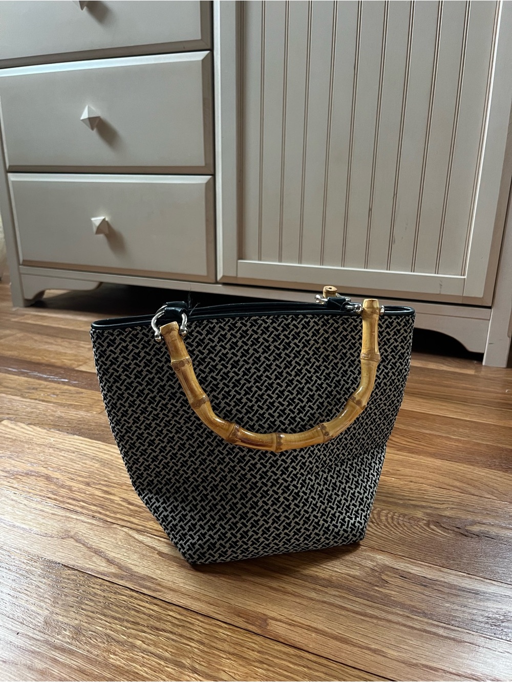 Talbots Black & Beige Mini Tote with Bamboo Handles